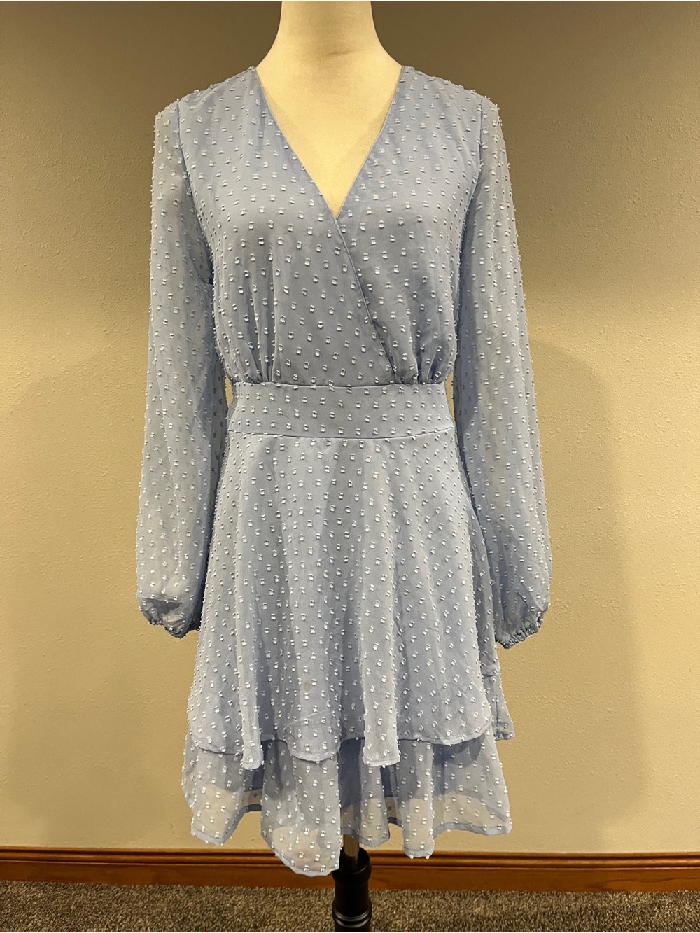 Japan Light Blue Swiss Dot long sleeves fake Wrap mini Dress‎ size large